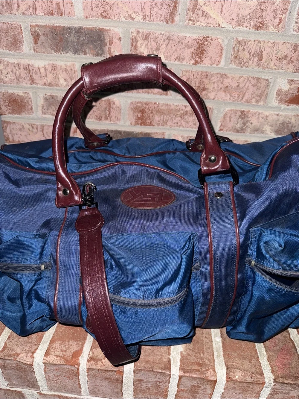 YSL Leather-Trim Navy Duffel Bag with Burgundy Accents